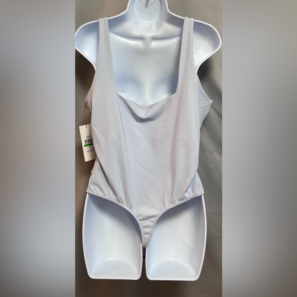 DKNY Jeans Frost Blu Sleeveless Squared Neck Nylon Thong back Bodysuit-NWT Large - Picture 2 of 10